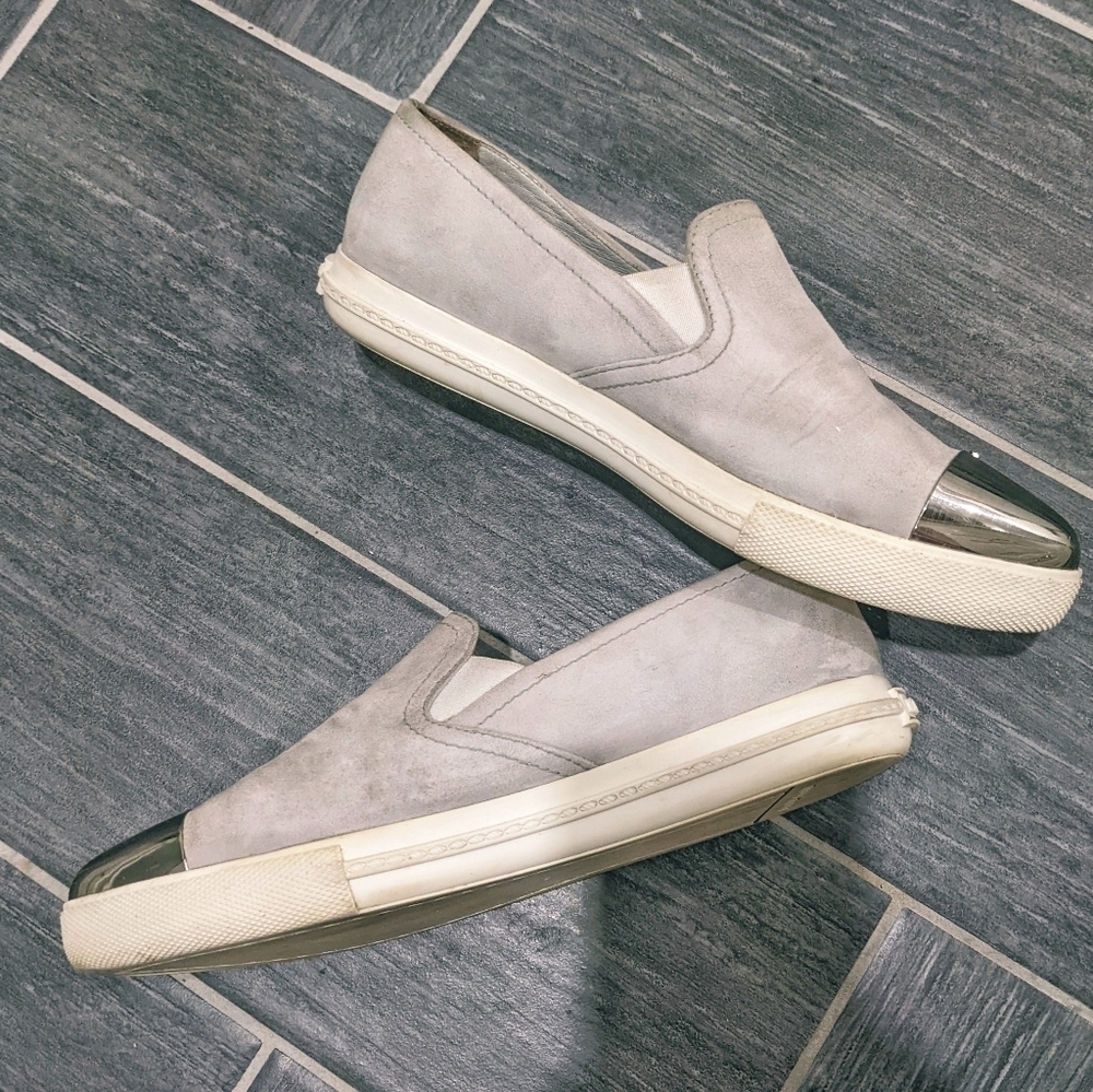 Miu Miu | Metallic Cap-Toe Skate Sneaker In Grey Suede View 3